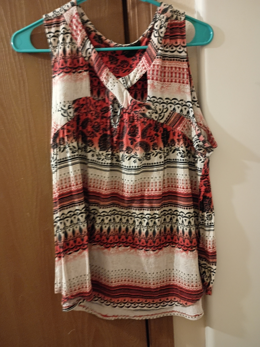 Cato Cream, Red & Black Sleeveless Printed Tank with Keyhole